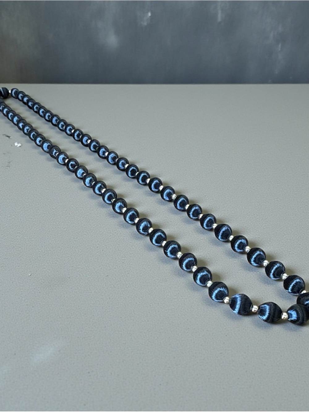 Vintage Black Satin Wrapped Bead Necklace 30” + Gold Tone Spacers 70s 80s